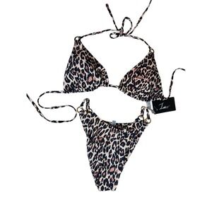 Zuobanyo Leopard Print Triangle Bikini Set High Cut Ring Detail Small NWT